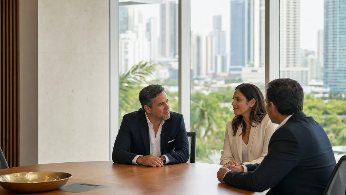 Three business leaders in a strategic advisory meeting overlooking Panama City